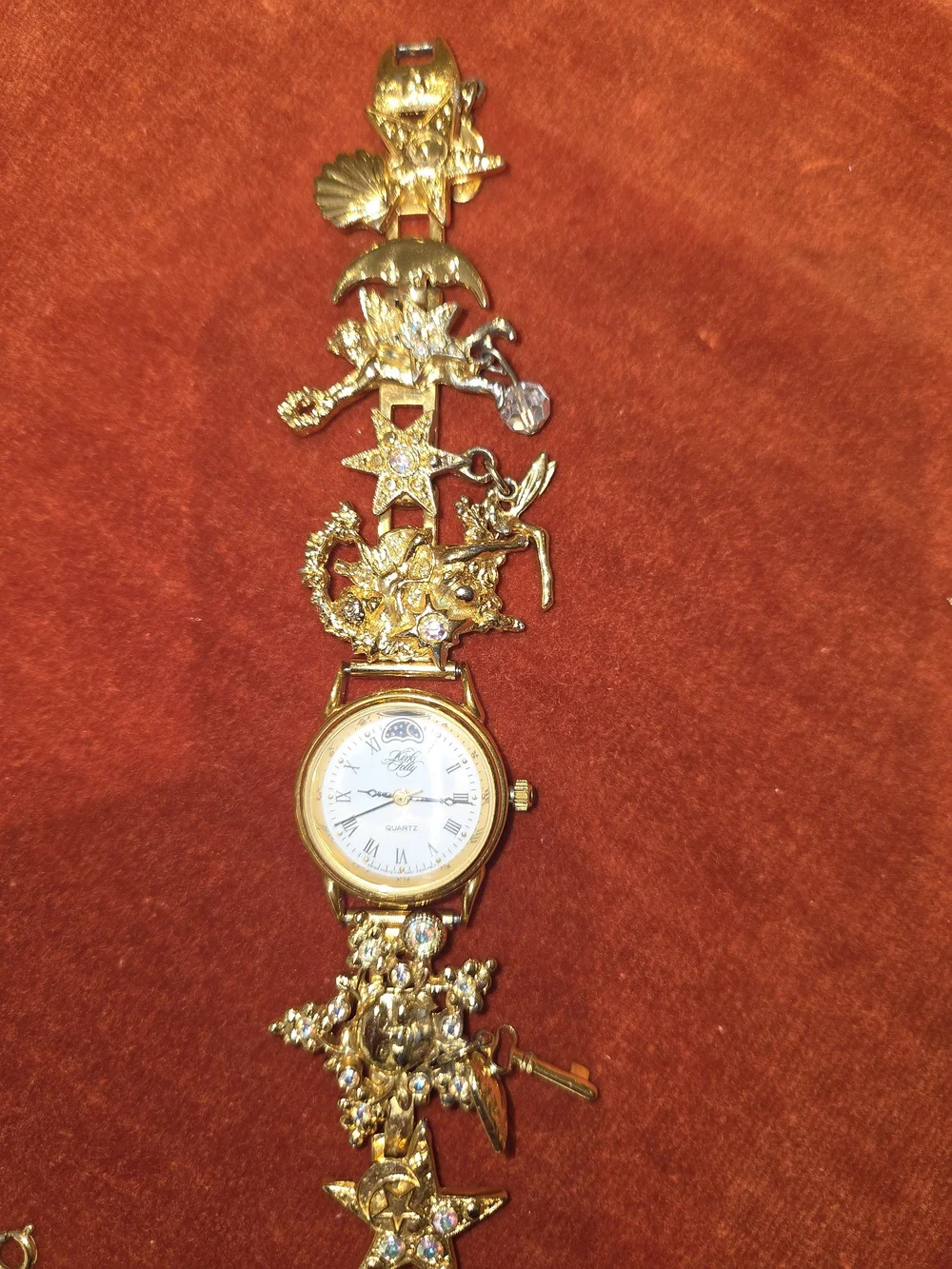 NWB VTG Kirks Folly Sun Stars Moon Fairy Gold-Tone Charm Bracelet Watch